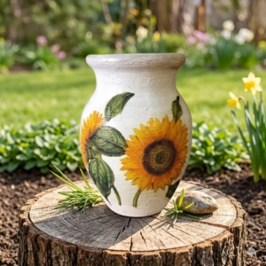 Dzdanek gliniany biały z motywem decoupage - Słonecznik 19 cm. "Glina z Podlasia"